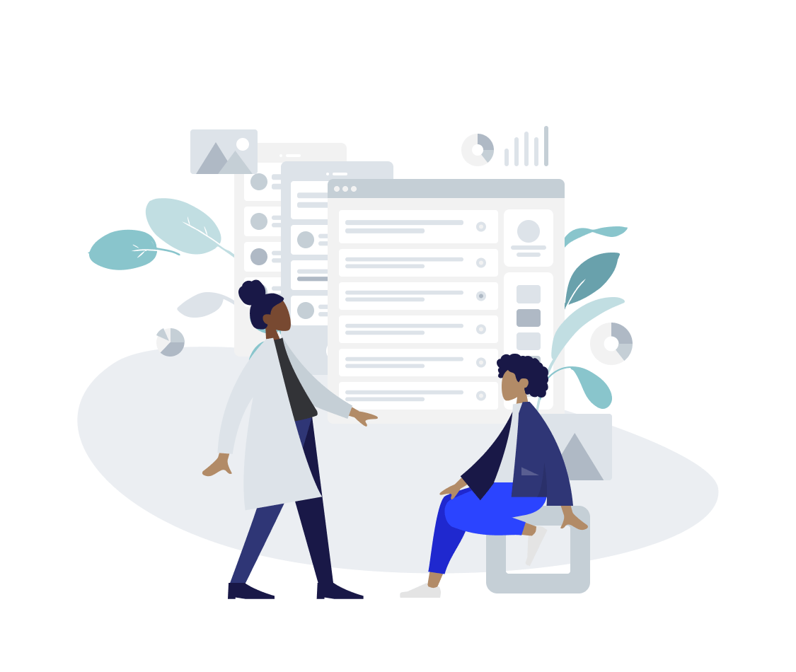 Two people meeting with software development imagery in background.