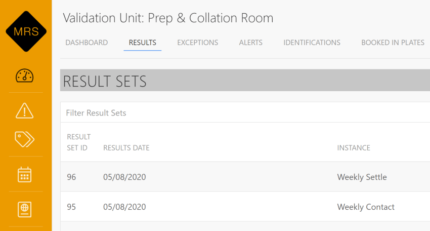 screenshot of MRS result sets page