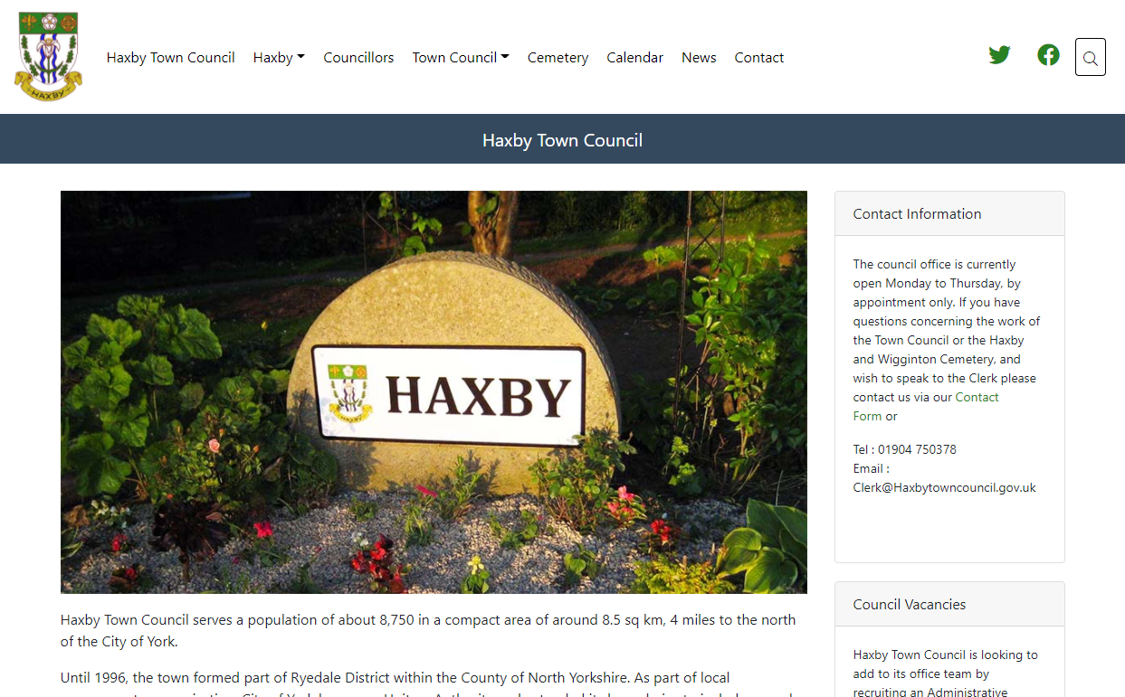 Screenshot of Haxby Town Council Website