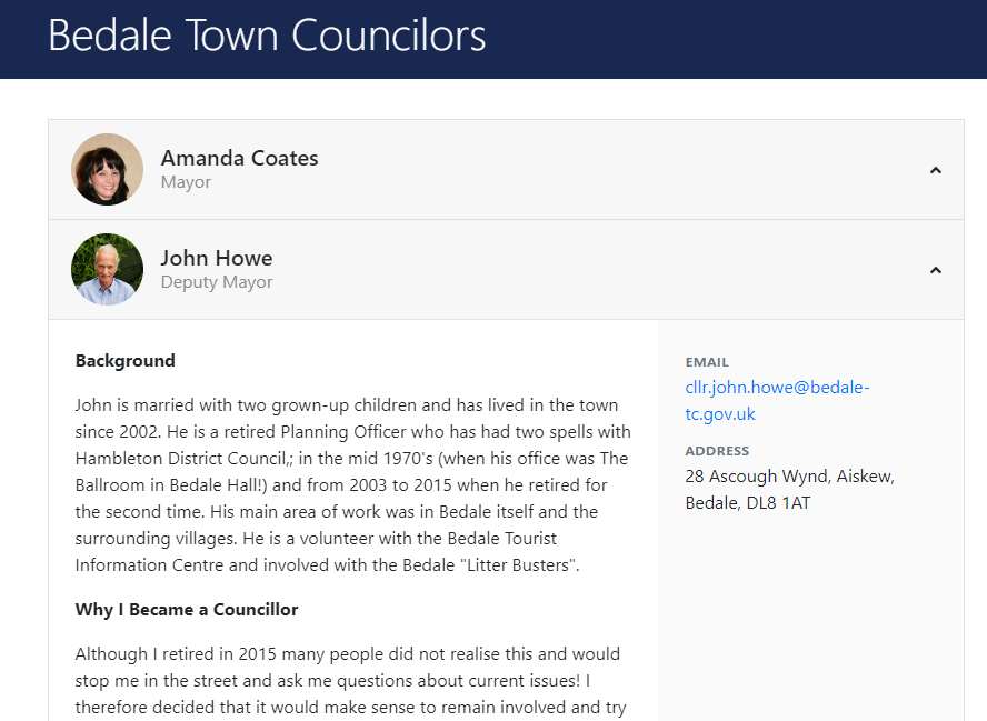 Screenshot of Councillors Profiles on the Bedale Town Council Website